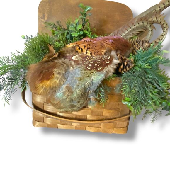 Pheasant Basket Pine Floral Decor Arrangement Holiday Festive - Picture 4 of 7